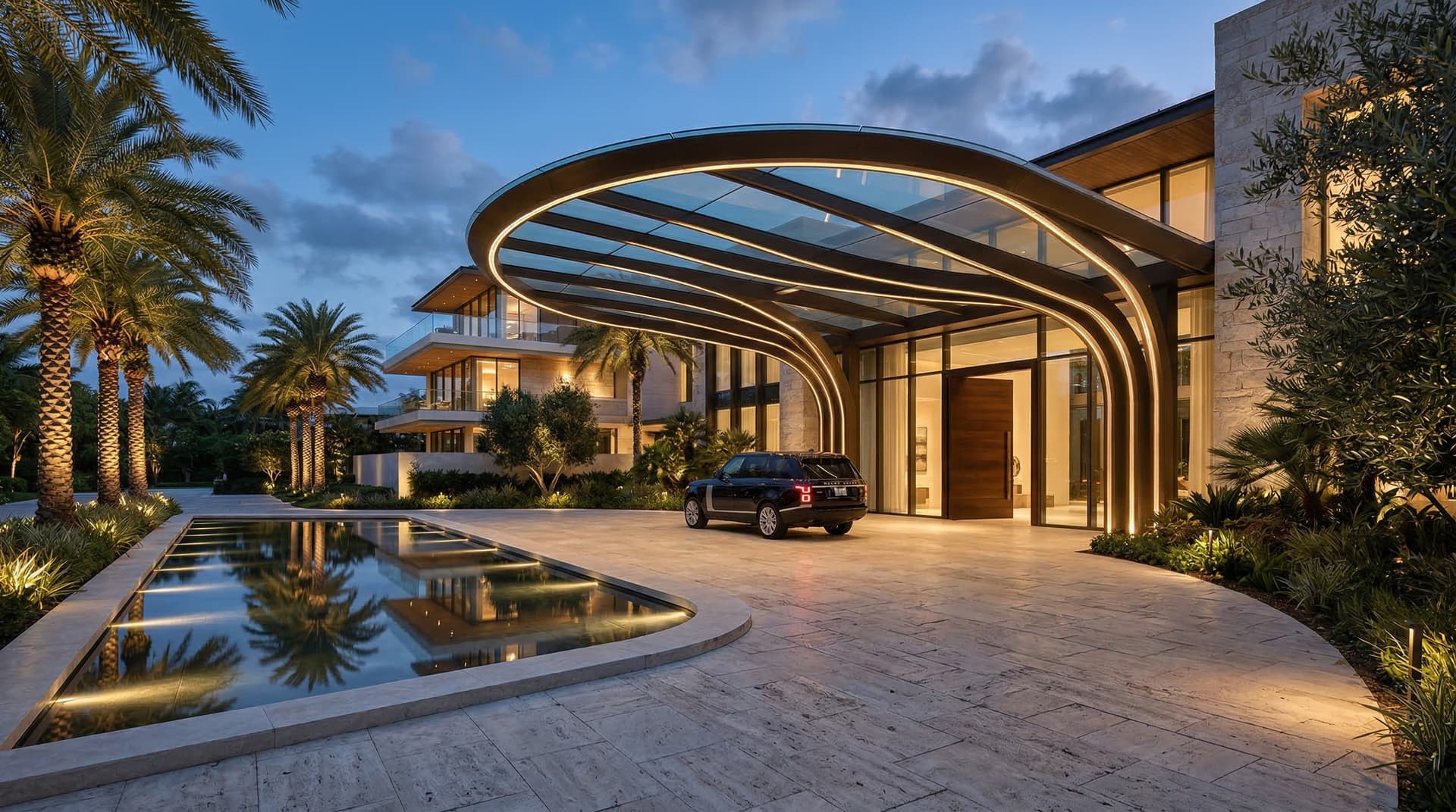 Luxury residential arrival render with porte cochere and layered evening light