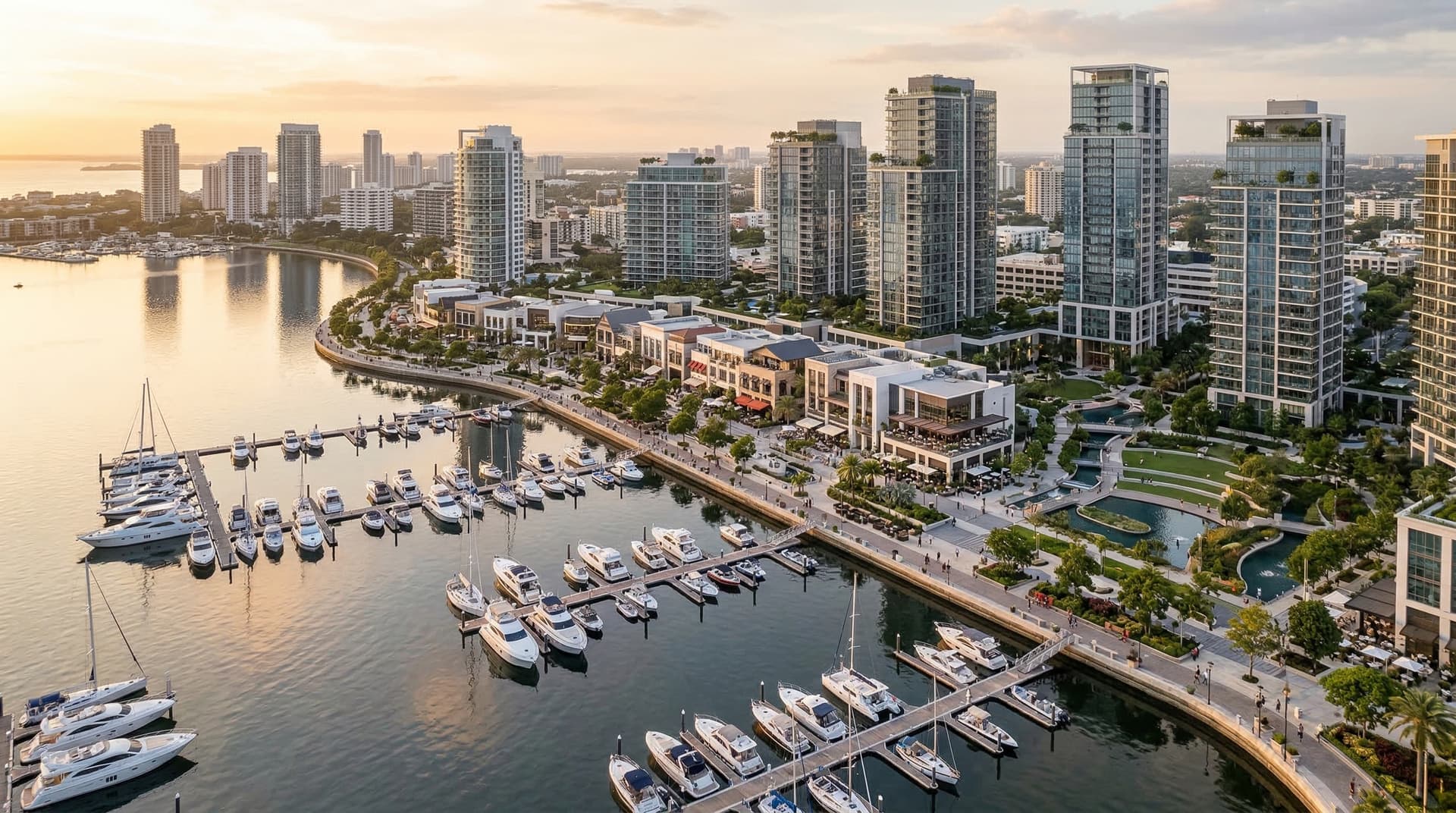 Waterfront luxury district context render with marina and premium towers