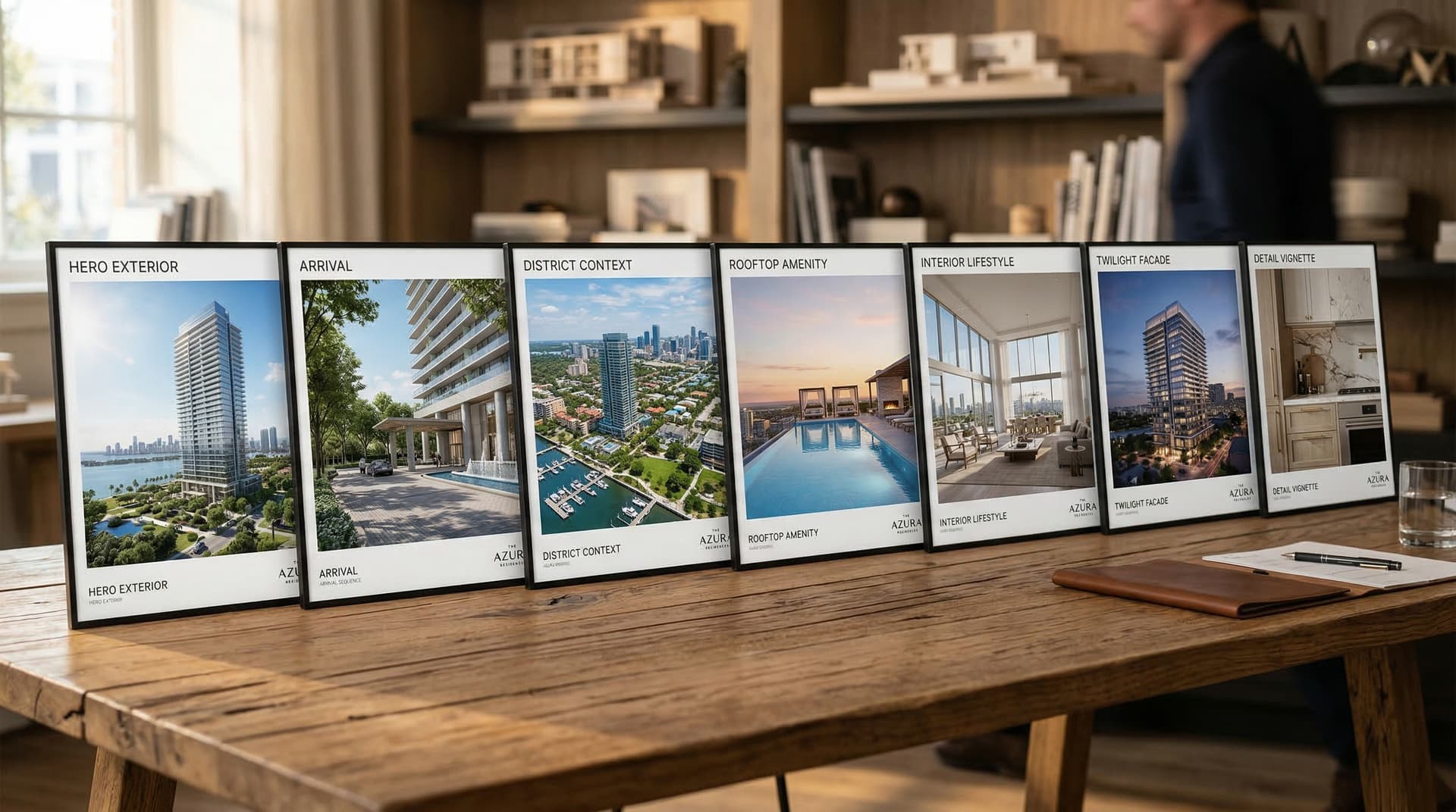 Luxury real estate gallery storyboard showing hero, arrival, context, amenity, interior, and twilight sequence