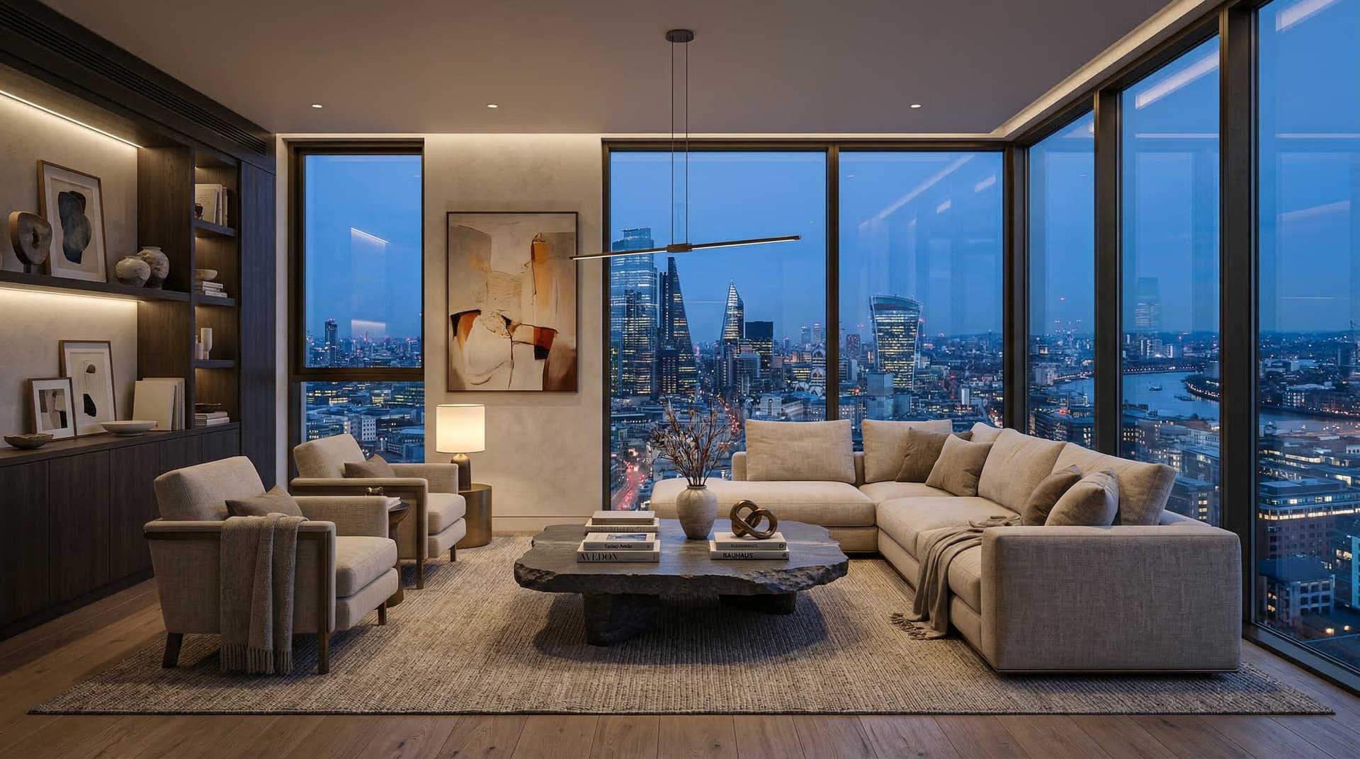 Luxury penthouse living room render at twilight with skyline view and sculptural styling