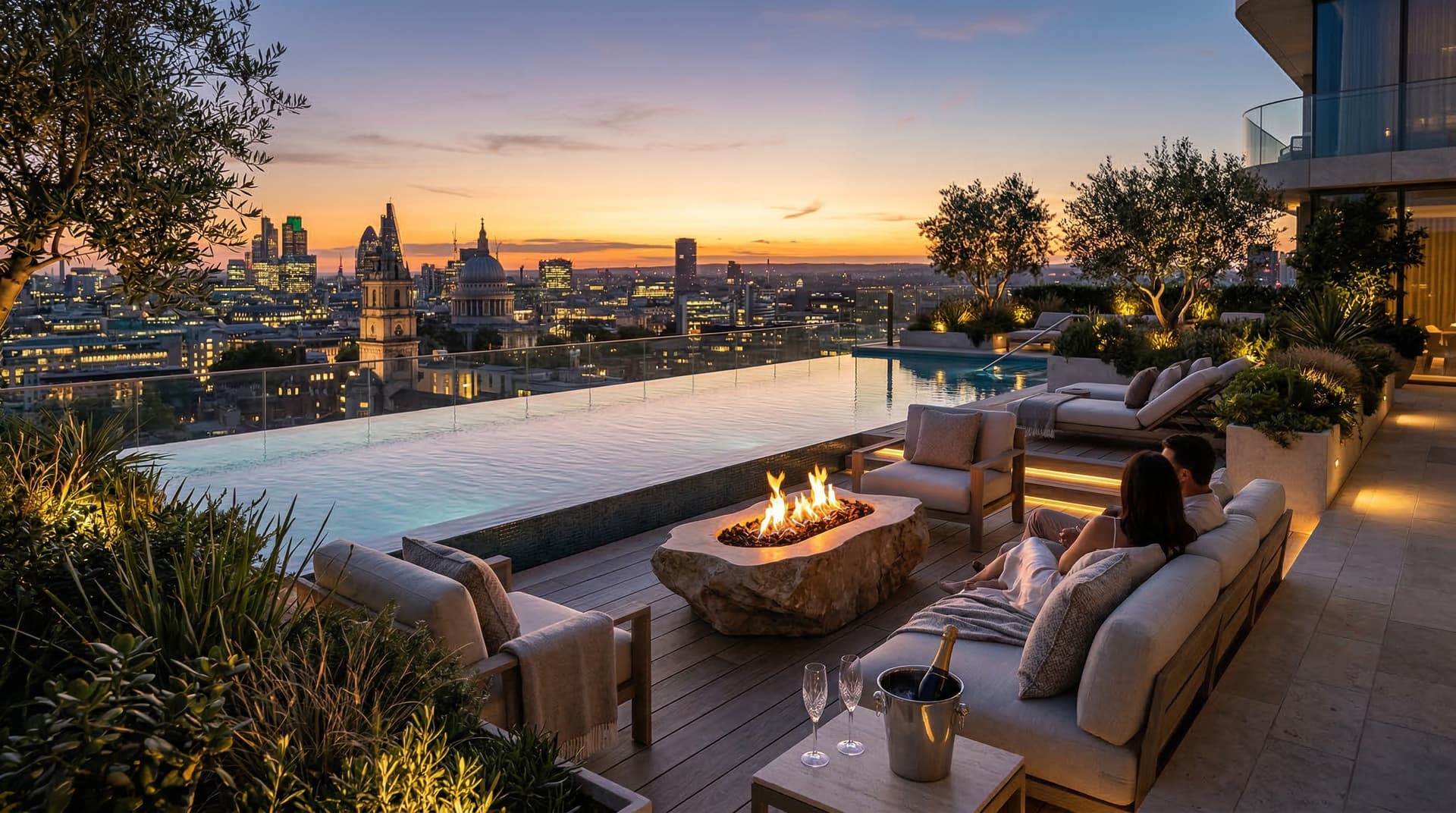 Luxury rooftop amenity club render at sunset with infinity pool and skyline atmosphere