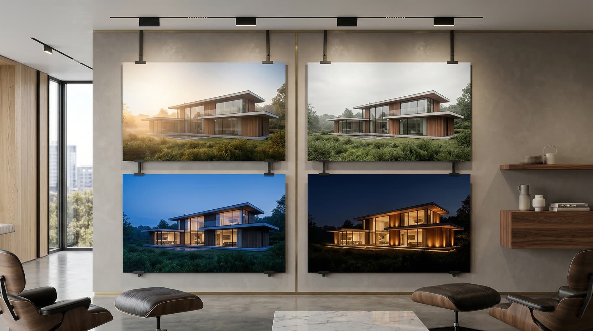 Architecture presentation wall showing the same luxury residence across sunrise, overcast, twilight, and night variants